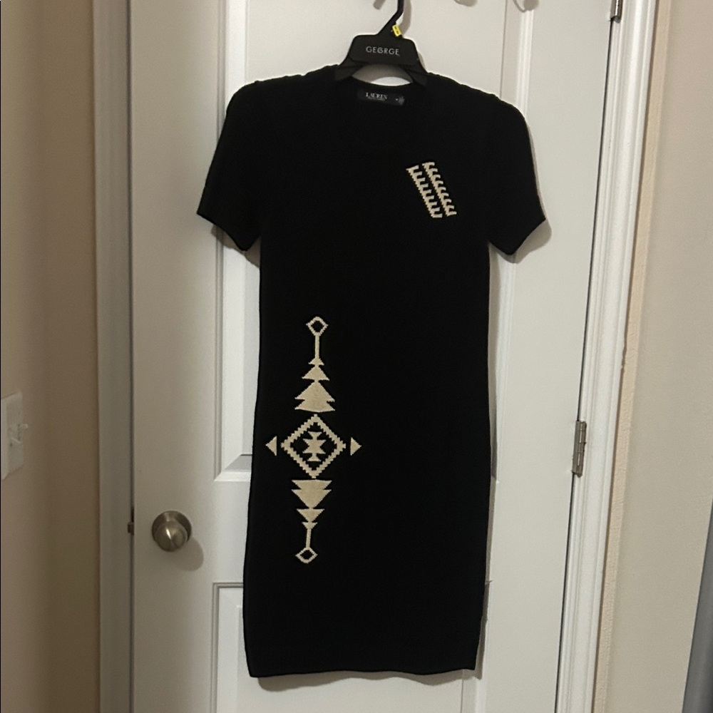 Polo by Ralph Lauren Black Midi Dress with Cream Aztec Motifs